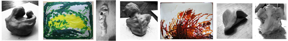 gestaltungen, sowhl bildlich als auch mit Ton, die während eines kunsstherapeutischen Settings entstanden sind